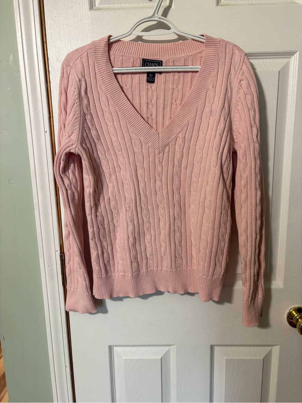 Chaps Light Pink Cable-Knit V-Neck Sweater